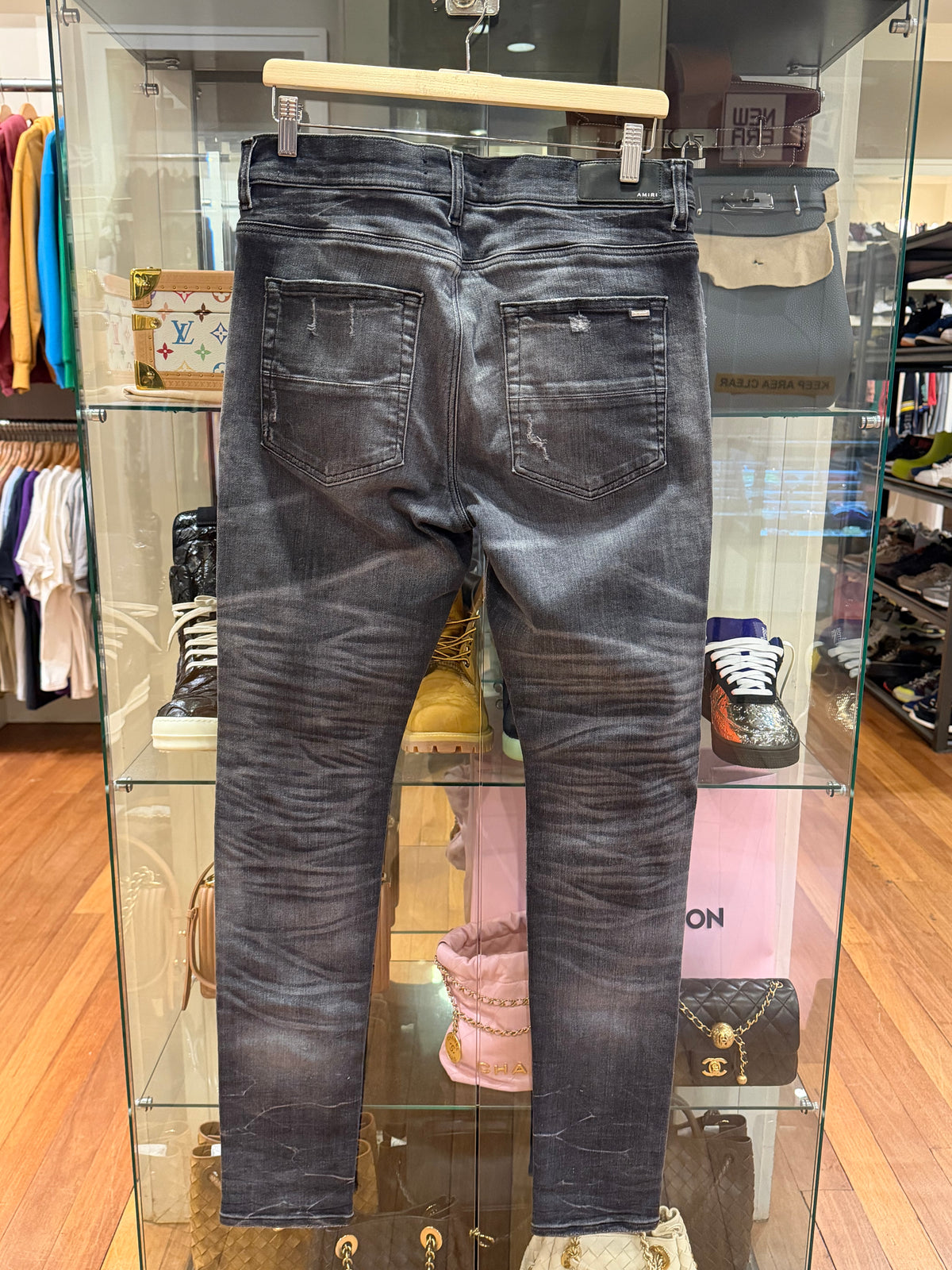 Amiri MX1 Distressed Skinny Denim Jeans - Grey/Black Patches