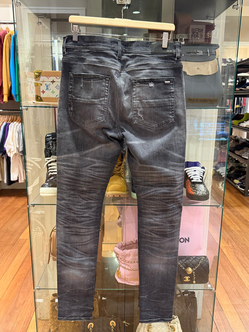 Amiri MX1 Distressed Skinny Denim Jeans - Grey/Black Patches