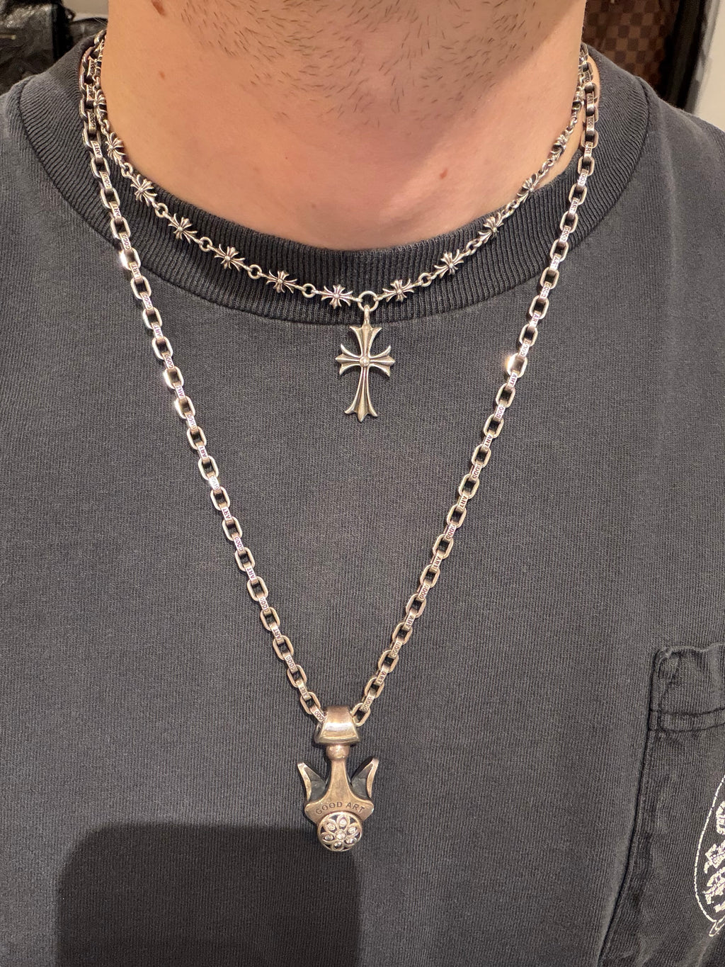 Chrome Hearts Tiny E Cross Necklace W/ Cross Pendant 18” - Silver
