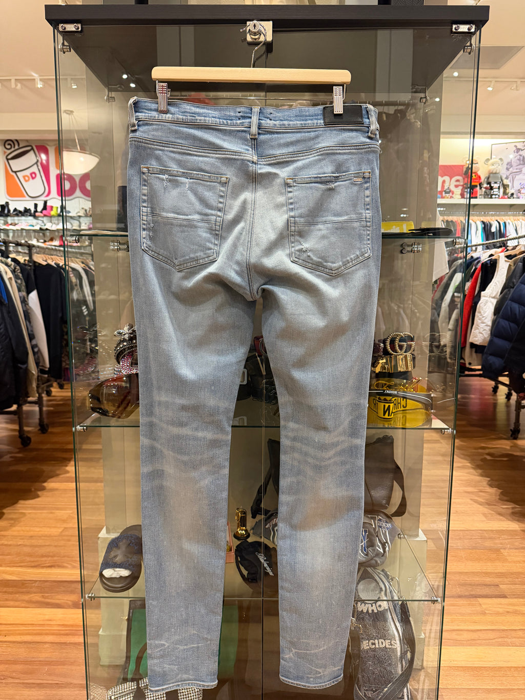 Amiri MX1 Skinny Jeans Light Blue Black Paisley Patches