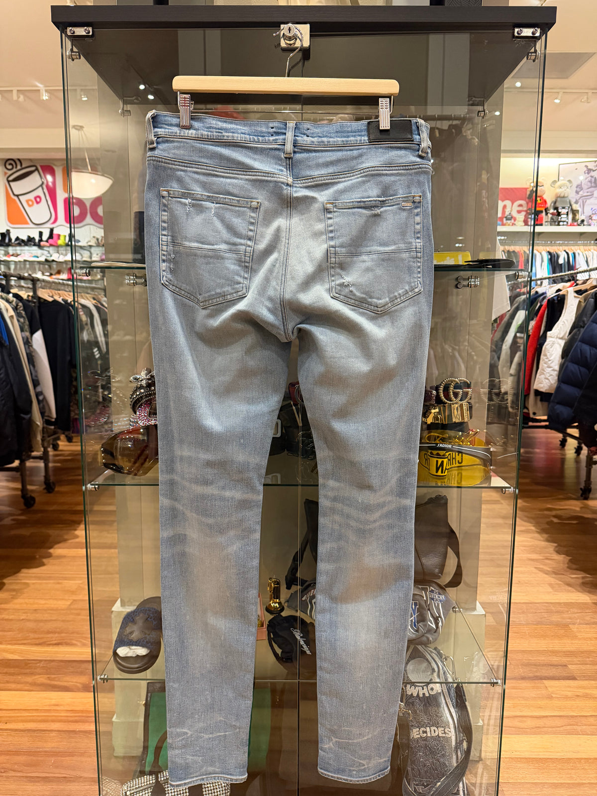 Amiri MX1 Skinny Jeans Light Blue Black Paisley Patches