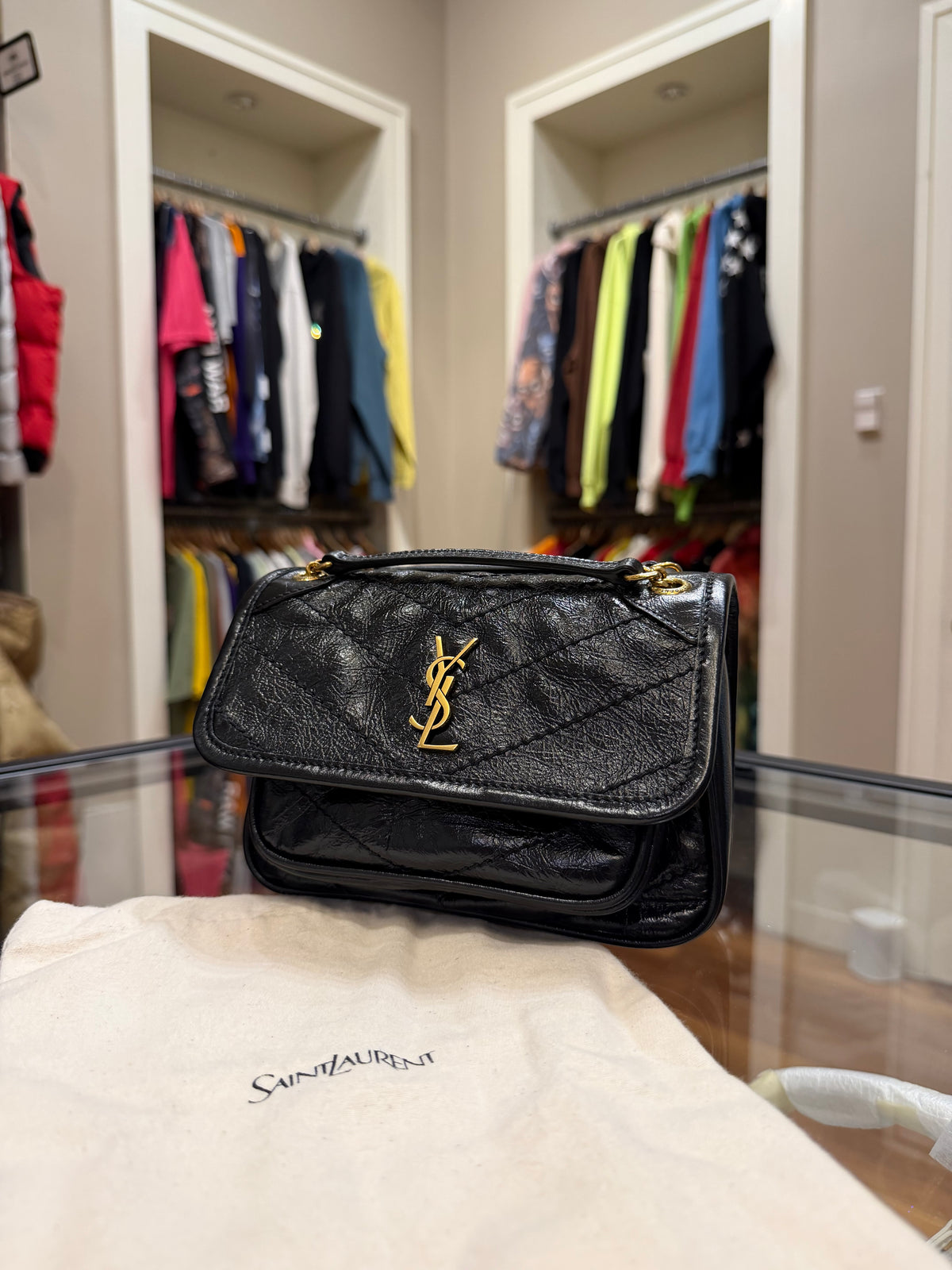 Saint Laurent Crinkled Leather Niki Mini - Black