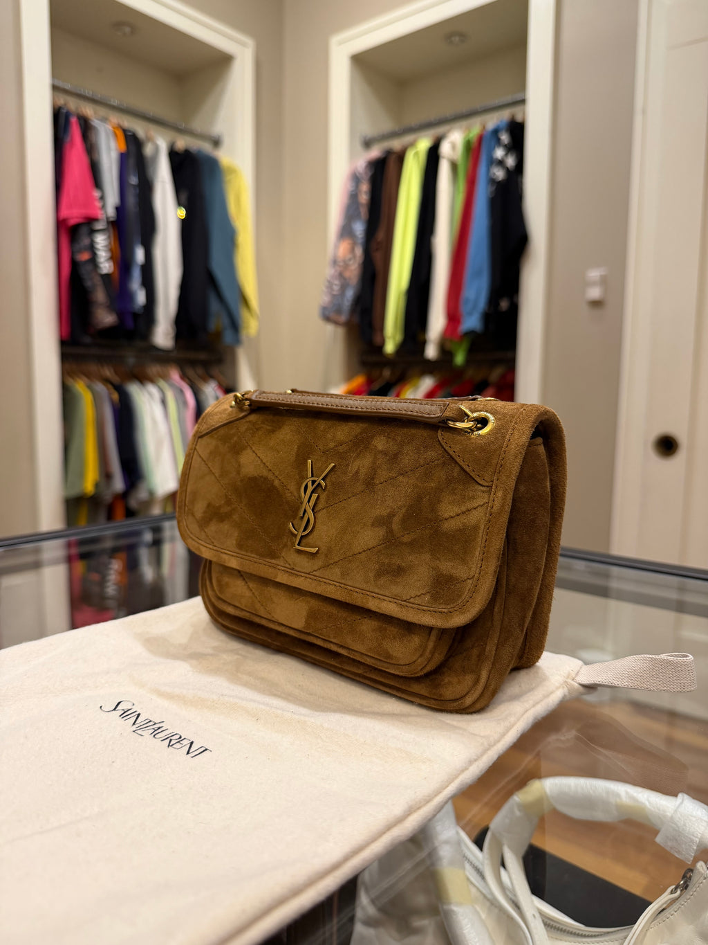 Saint Laurent Niki Mini In Suede - Caramel Cognac