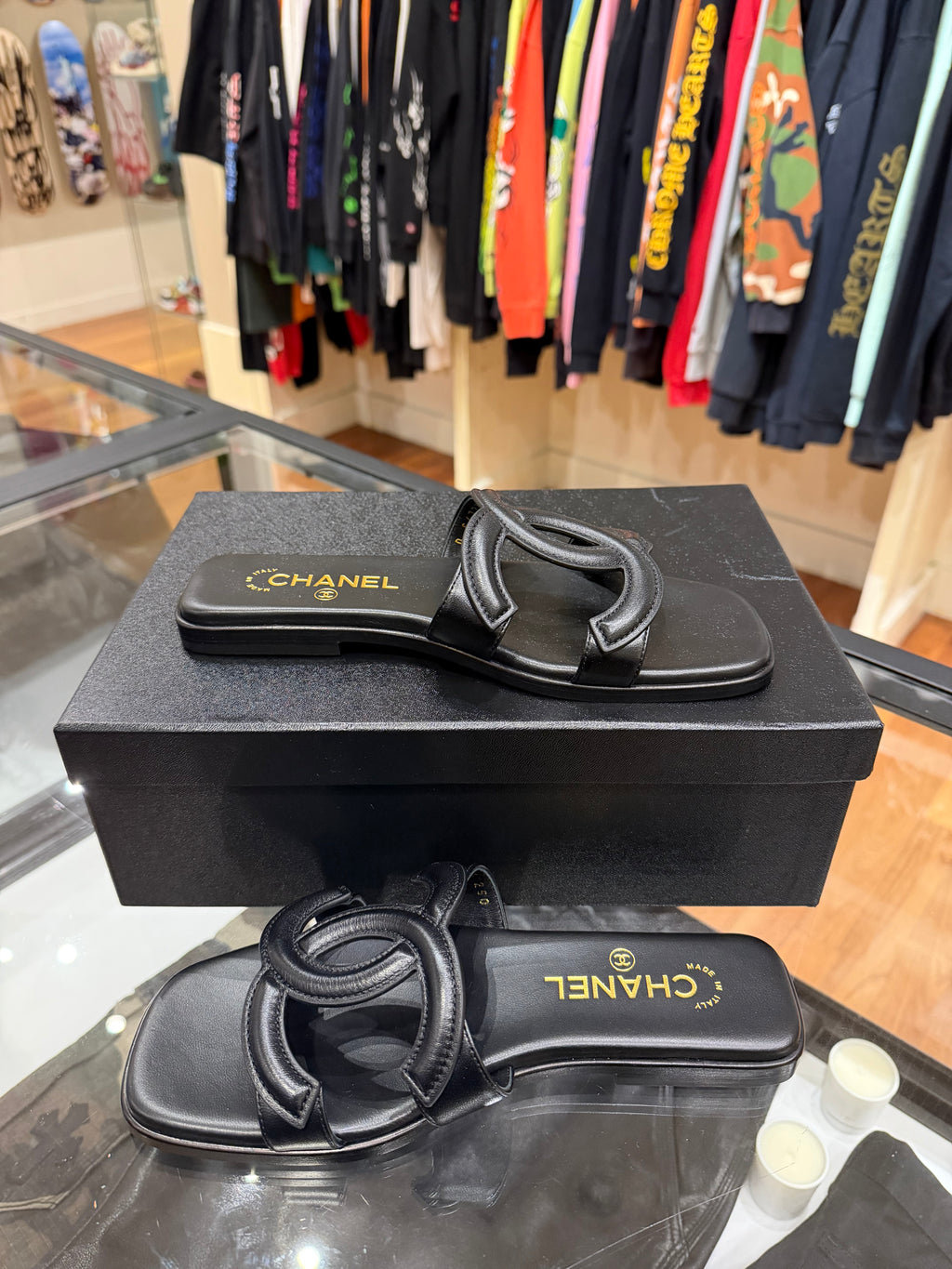 Chanel Interlocking CC Logo Lambskin Leather Sandals