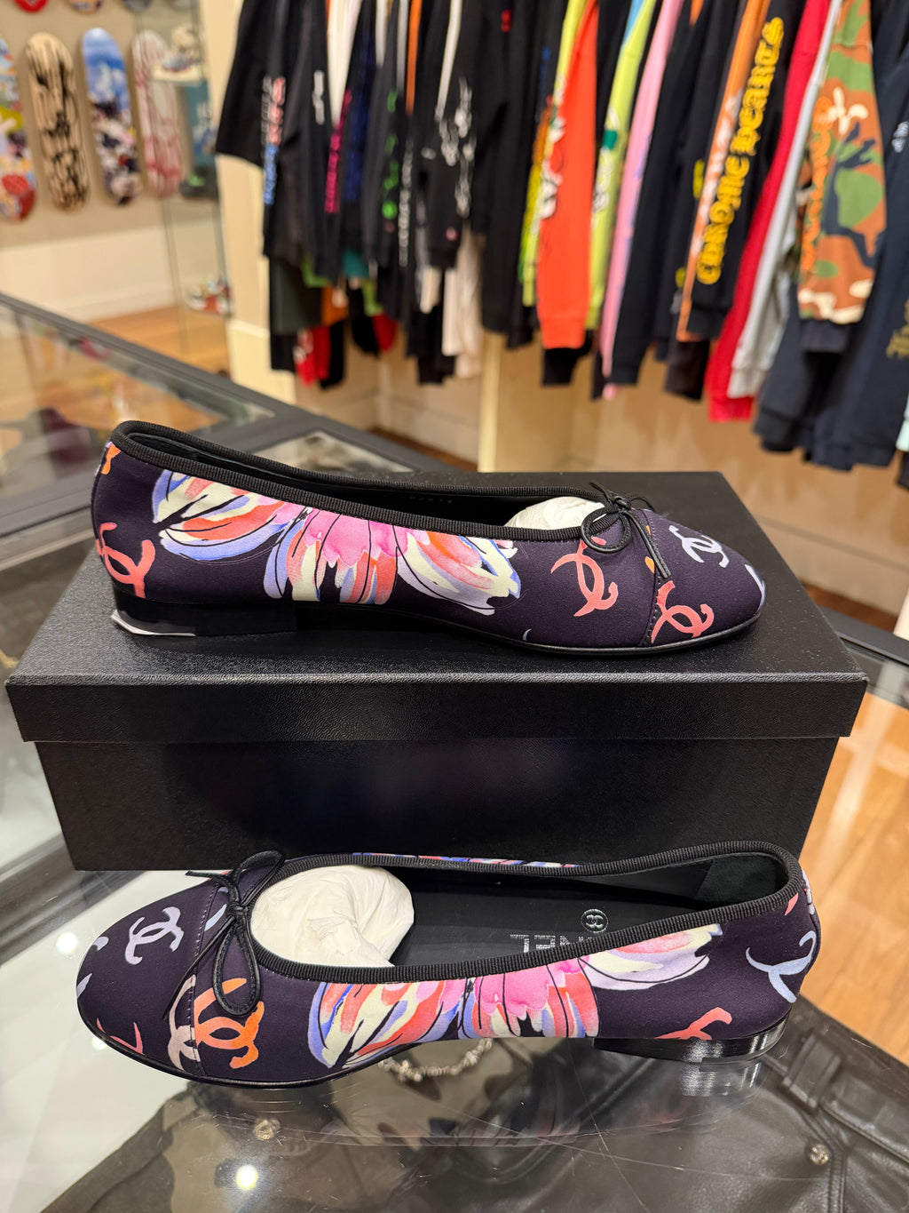 Chanel CC Logo Floral Ballet Flats