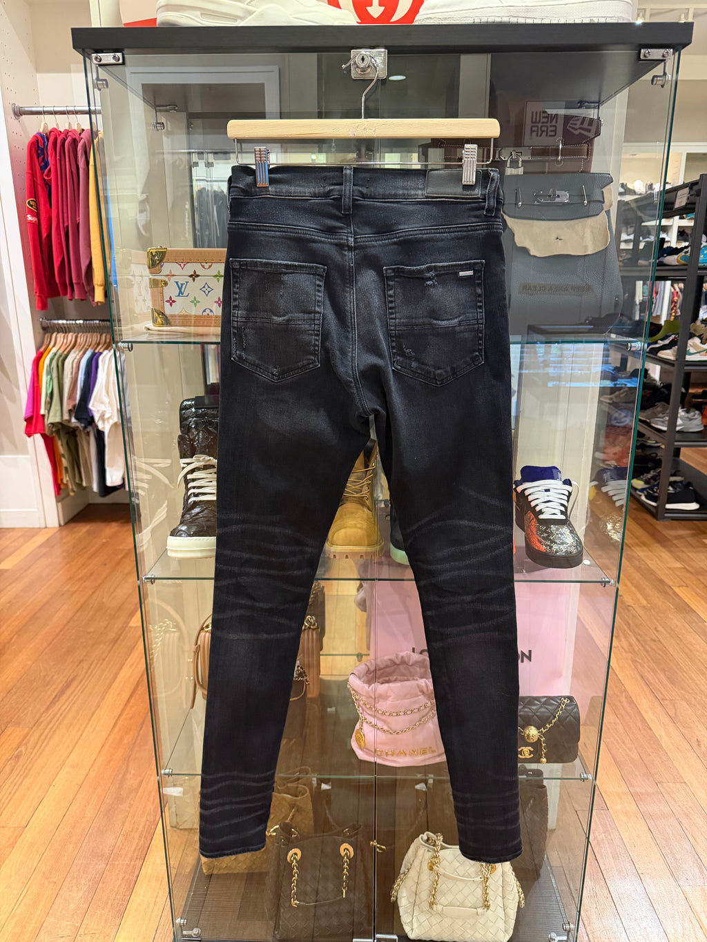 Amiri MX1 Blue Cracked Leather Patch Denim Jeans - Black