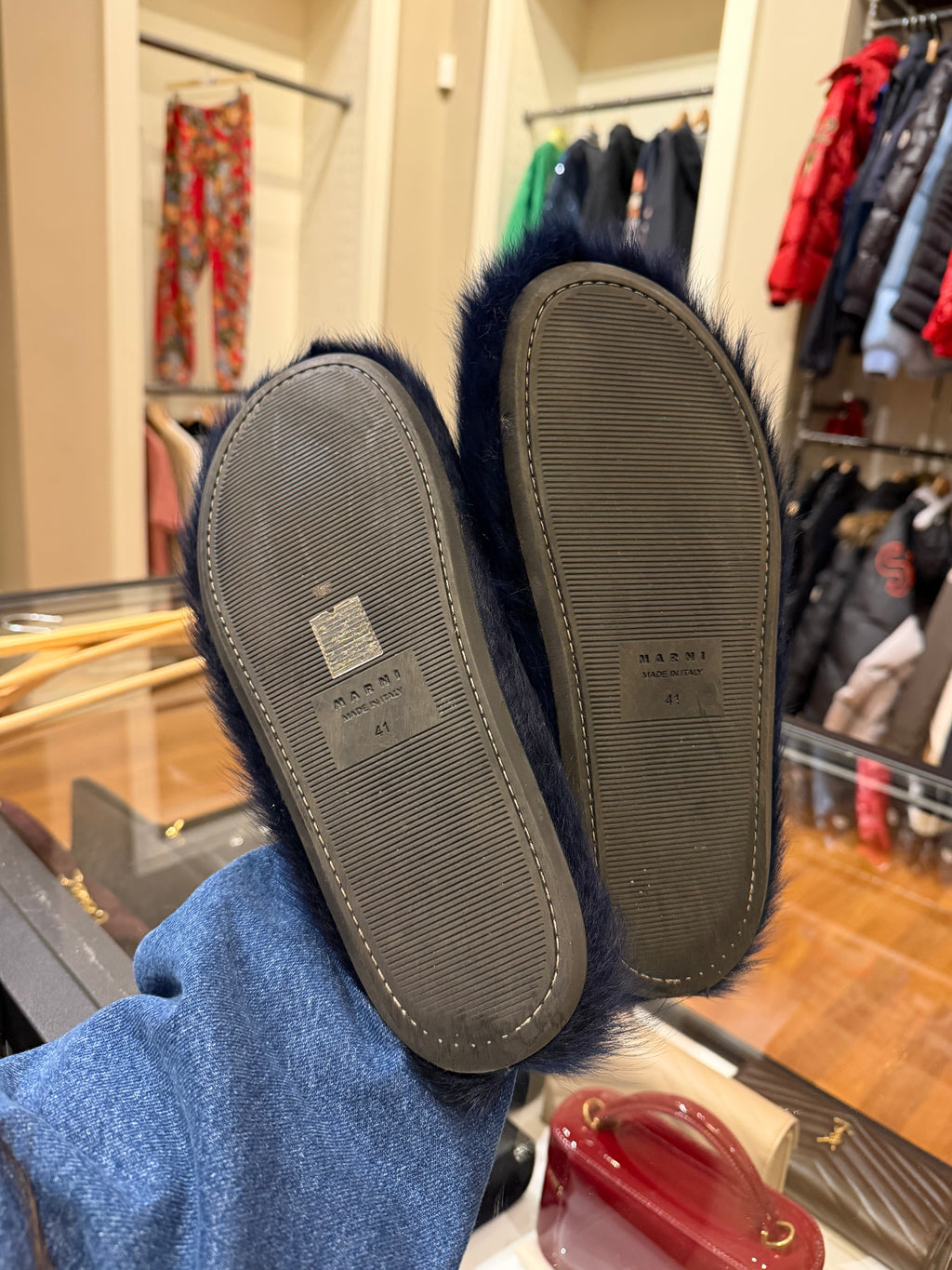 Marni Blue Fuzzy Slides