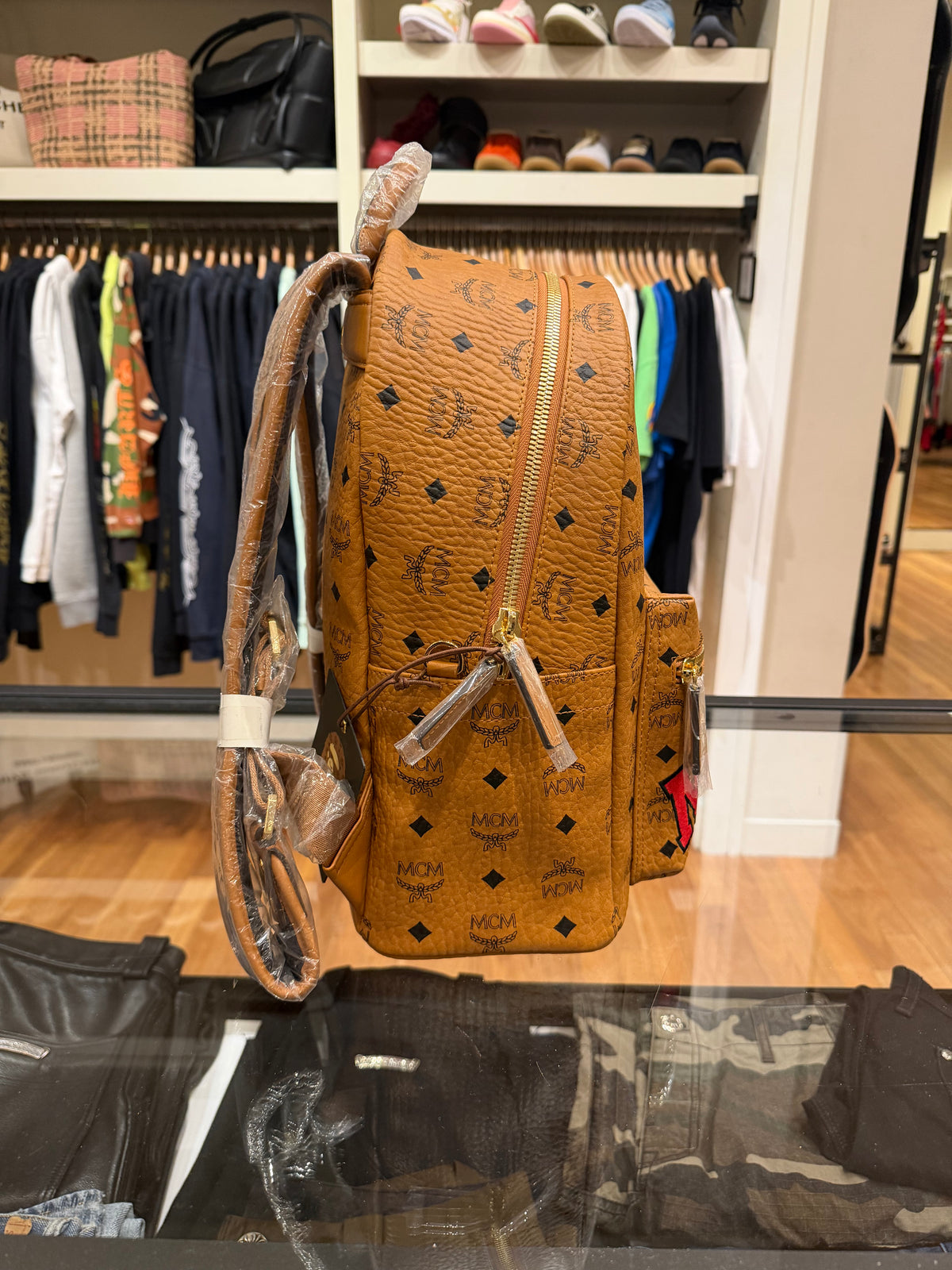 MCM x Bape Shark Backpack Visetos Cognac
