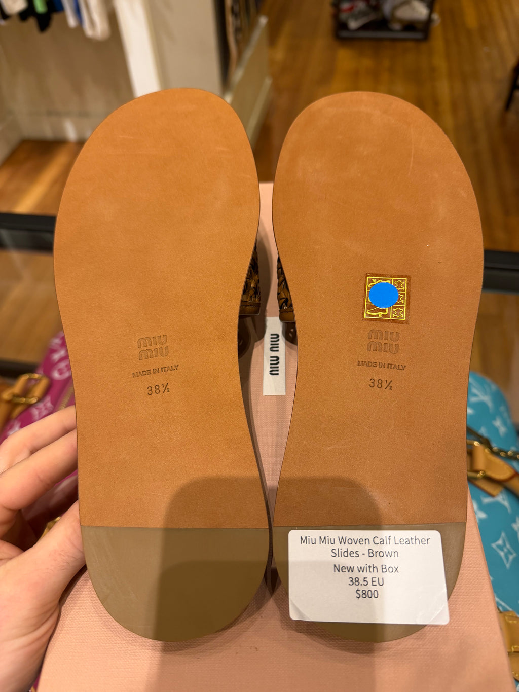 Miu Miu Woven Calf Leather Slides - Brown