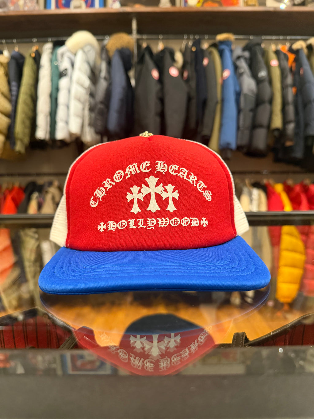 Chrome Hearts Cemetery Cross Hollywood Trucker Hat - Red, White & Blue