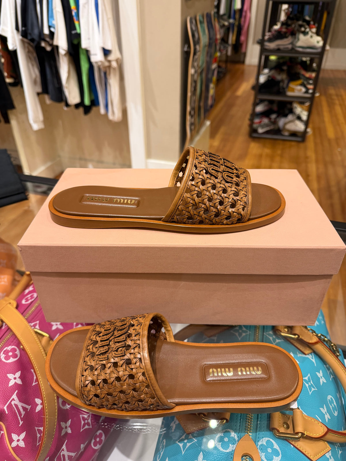 Miu Miu Woven Calf Leather Slides - Brown