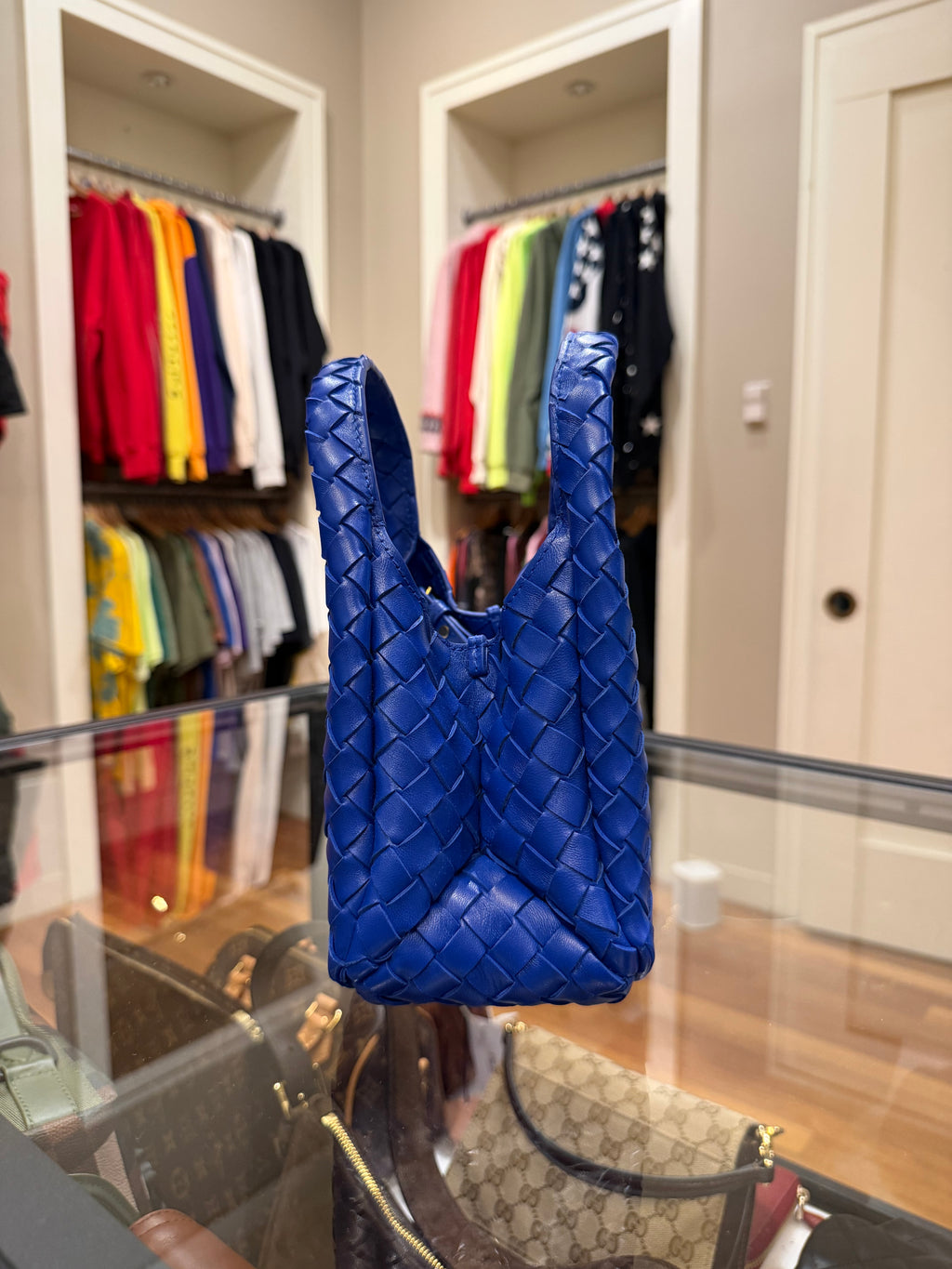 Bottega Veneta Intrecciato Woven Leather Shoulder Bag - Royal Blue