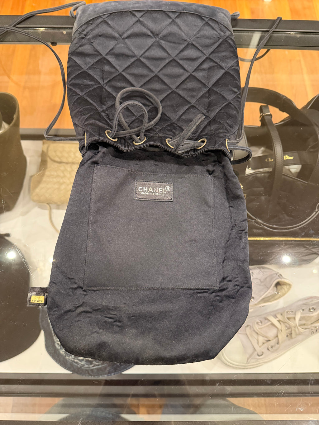Chanel Satin Quilted Blue Pearl Drawstring Backpack