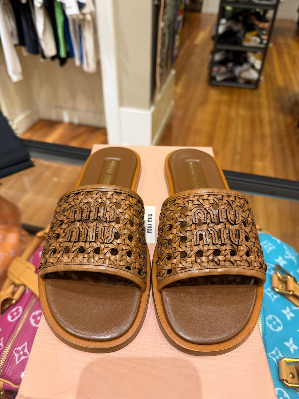 Miu Miu Woven Calf Leather Slides - Brown