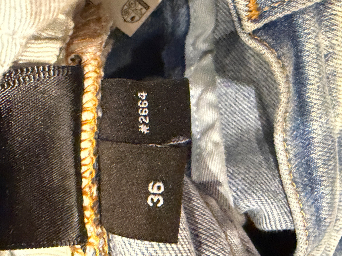 Amiri MX1 Skinny Jeans Light Blue Black Paisley Patches