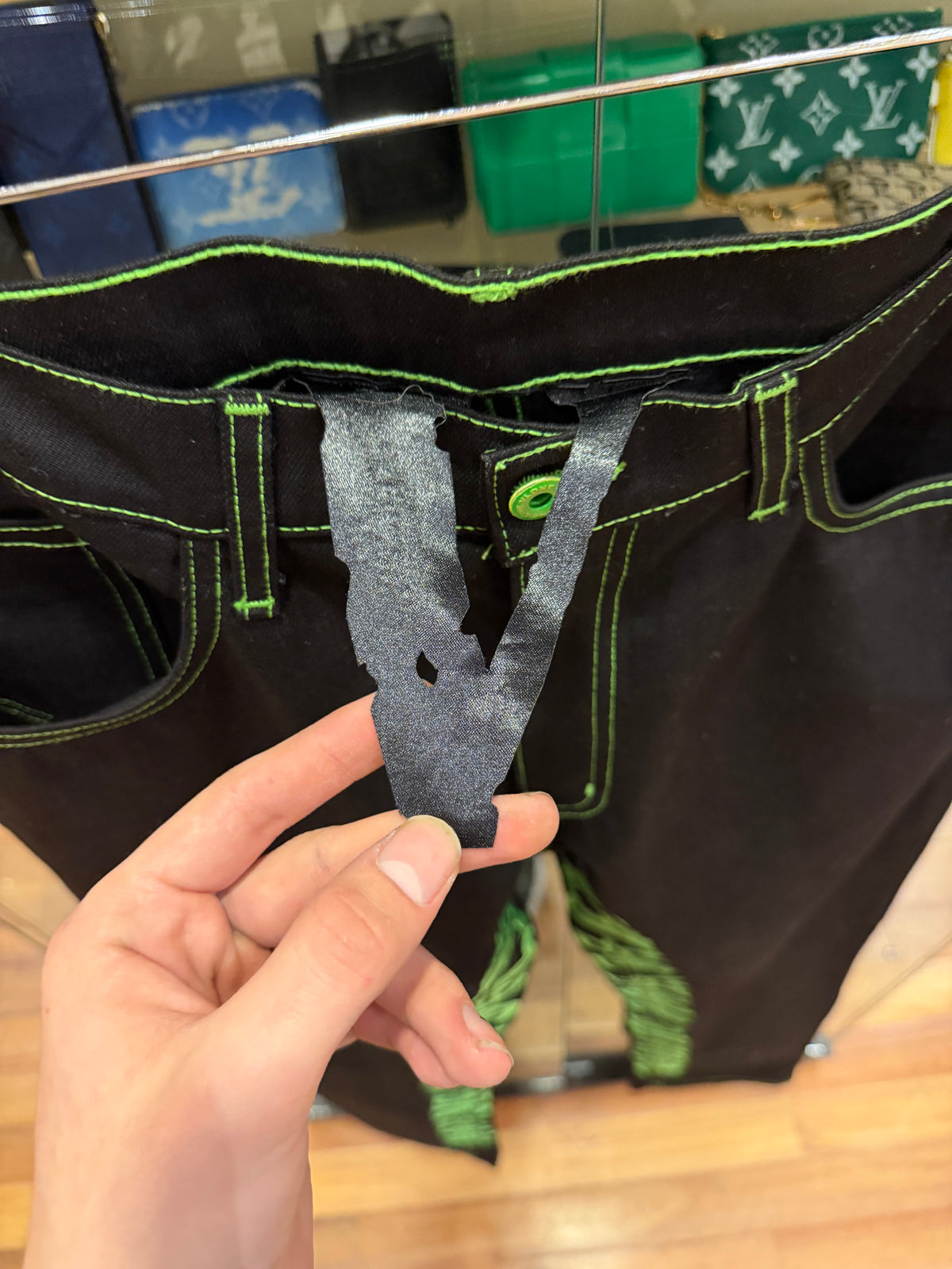 Vlone Old English Contrast Stitch Jeans - Black/Green