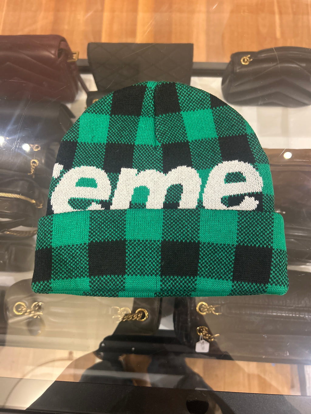 Supreme Big Logo Beanie - Green Plaid