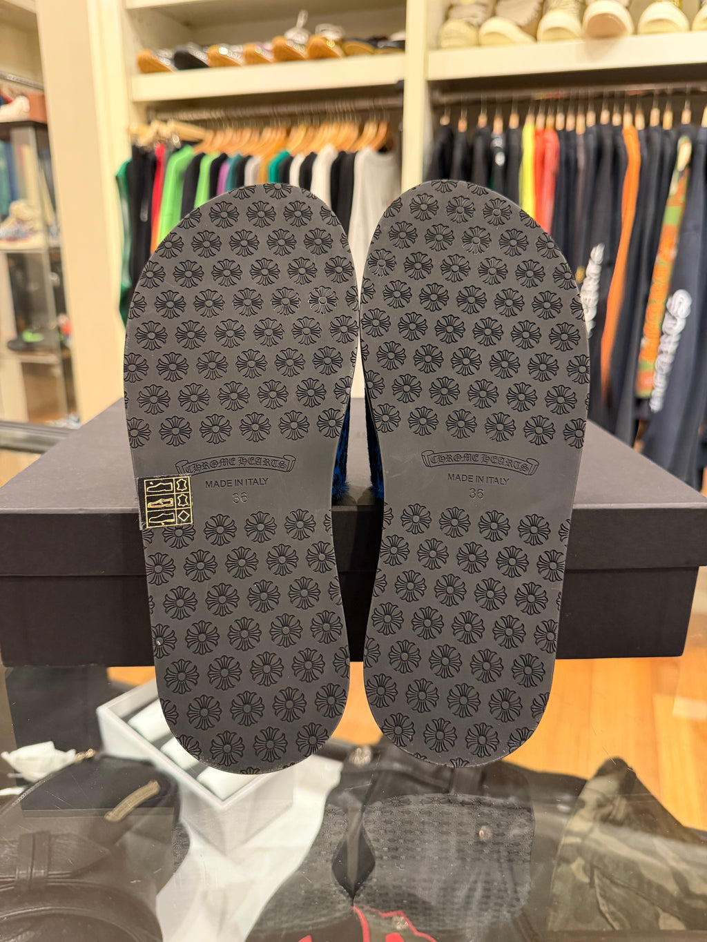 Chrome Hearts Blue Leopard Leather Patch Slides