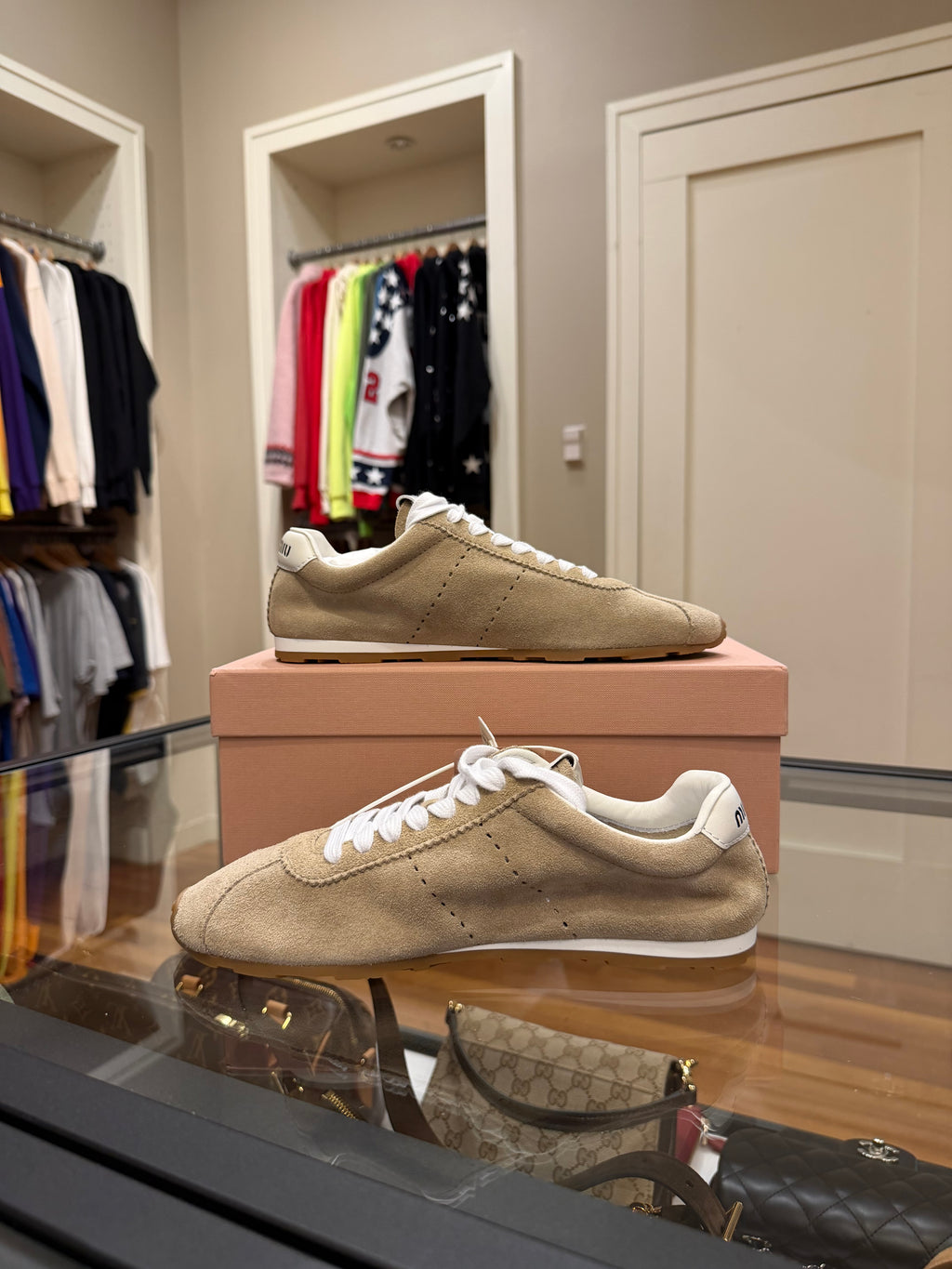 Miu Miu Plume Suede Sneakers - Desert Beige