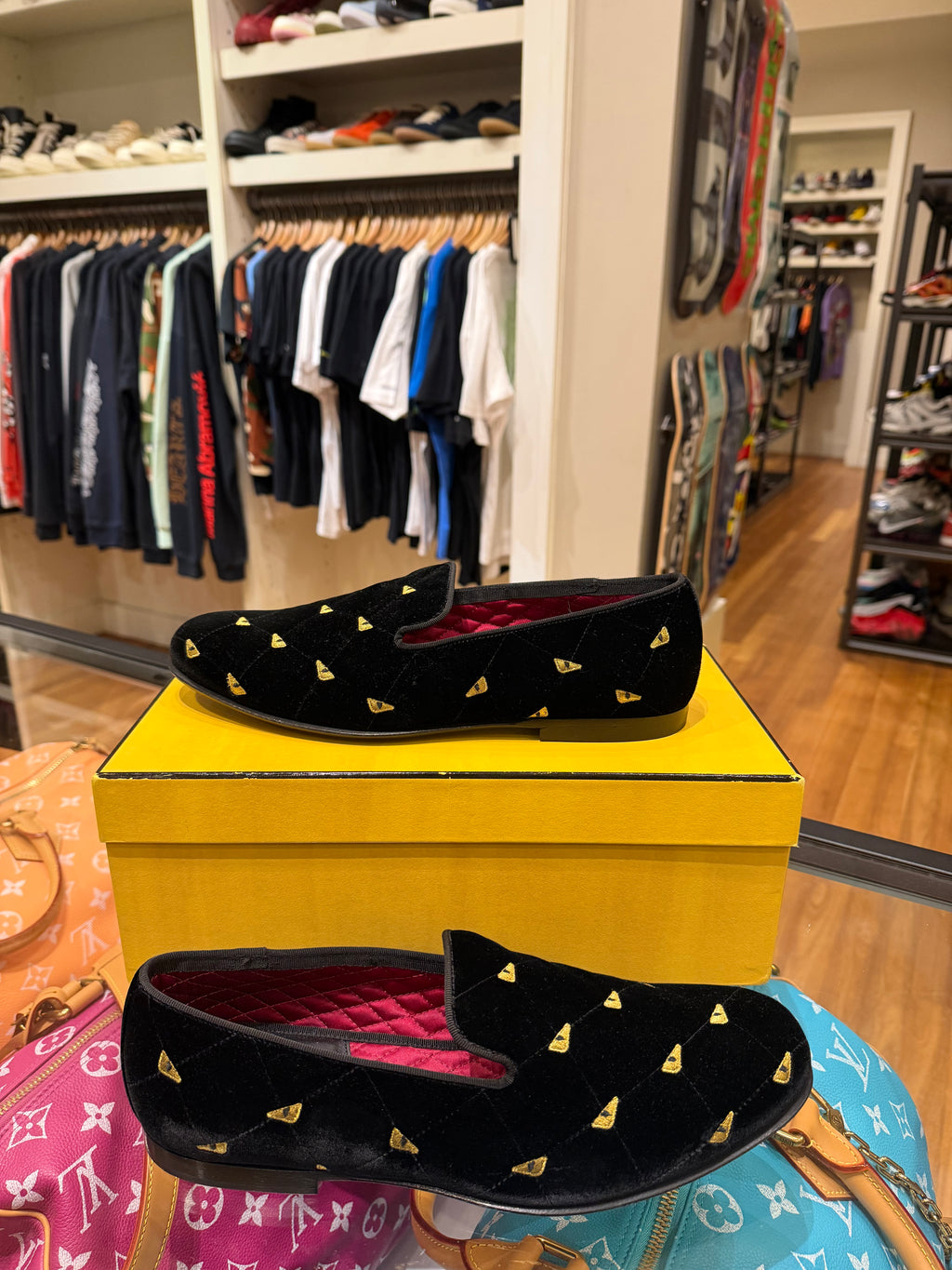 Fendi Velvet Eye Monster Motif Loafers