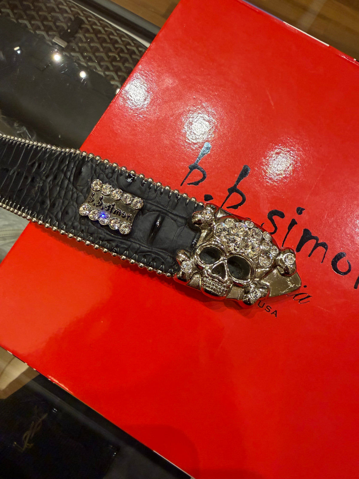 B.B. Simon Skull Pile Leather Belt - Black/Silver