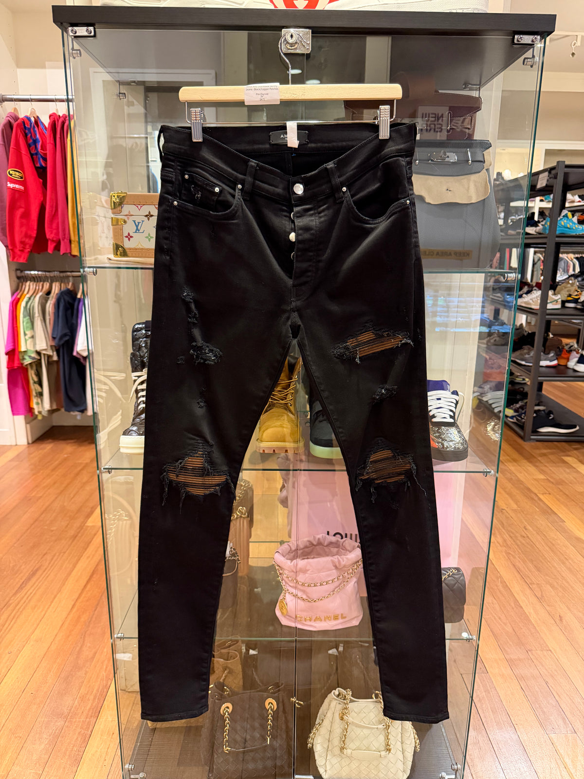Amiri MX1 Distressed Skinny Jeans - Black/Copper Patches
