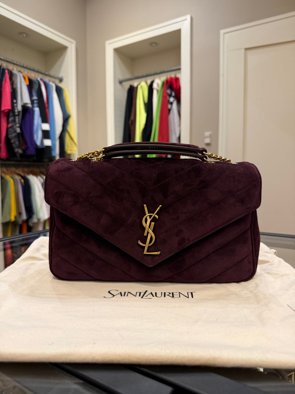 Saint Laurent LouLou Medium In Matelasse Suede - Smoky Burgundy