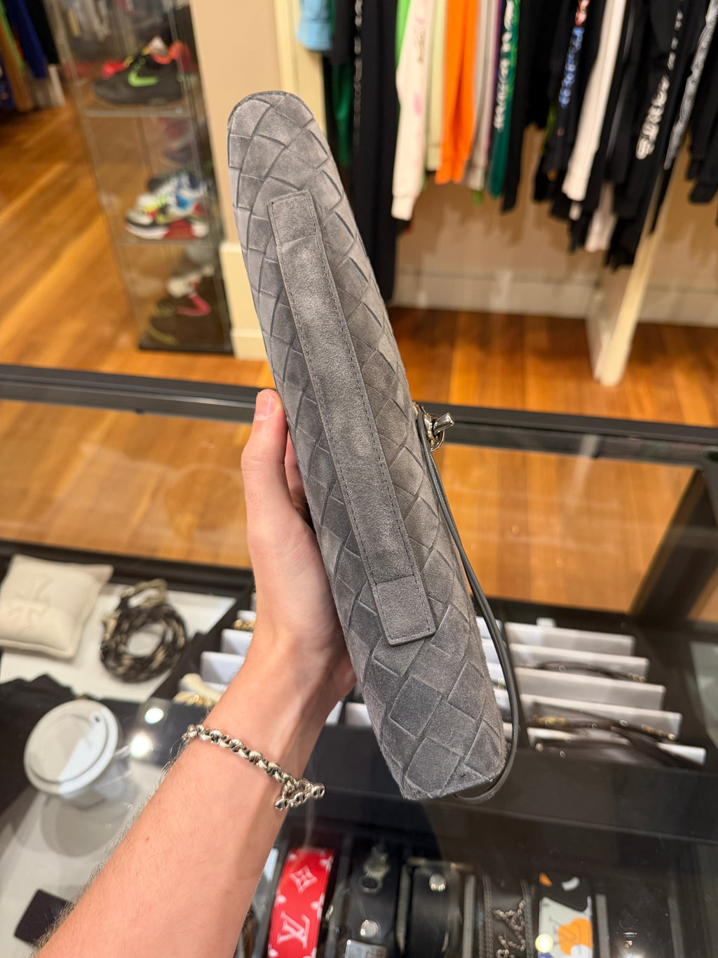 Bottega Veneta Andiamo Suede Leather Clutch Bag Obsi Grey