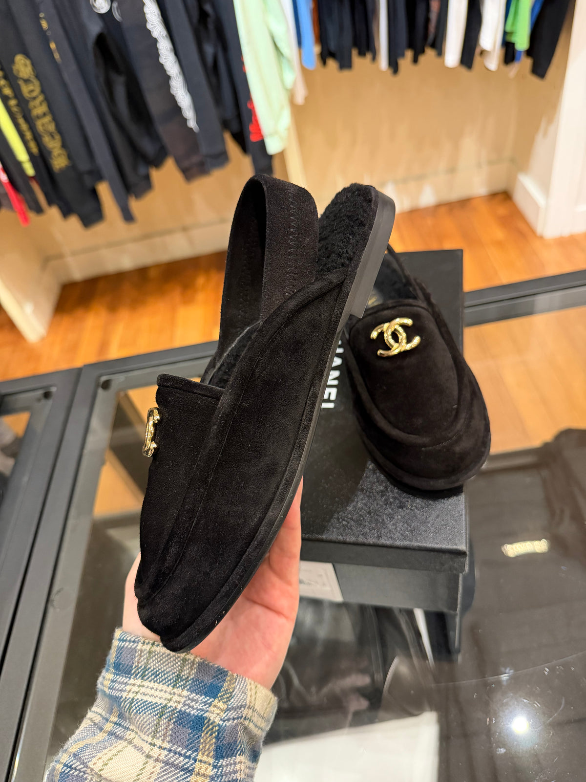 Chanel 25A Black Suede Shearling CC Moccasin Slingback Loafer