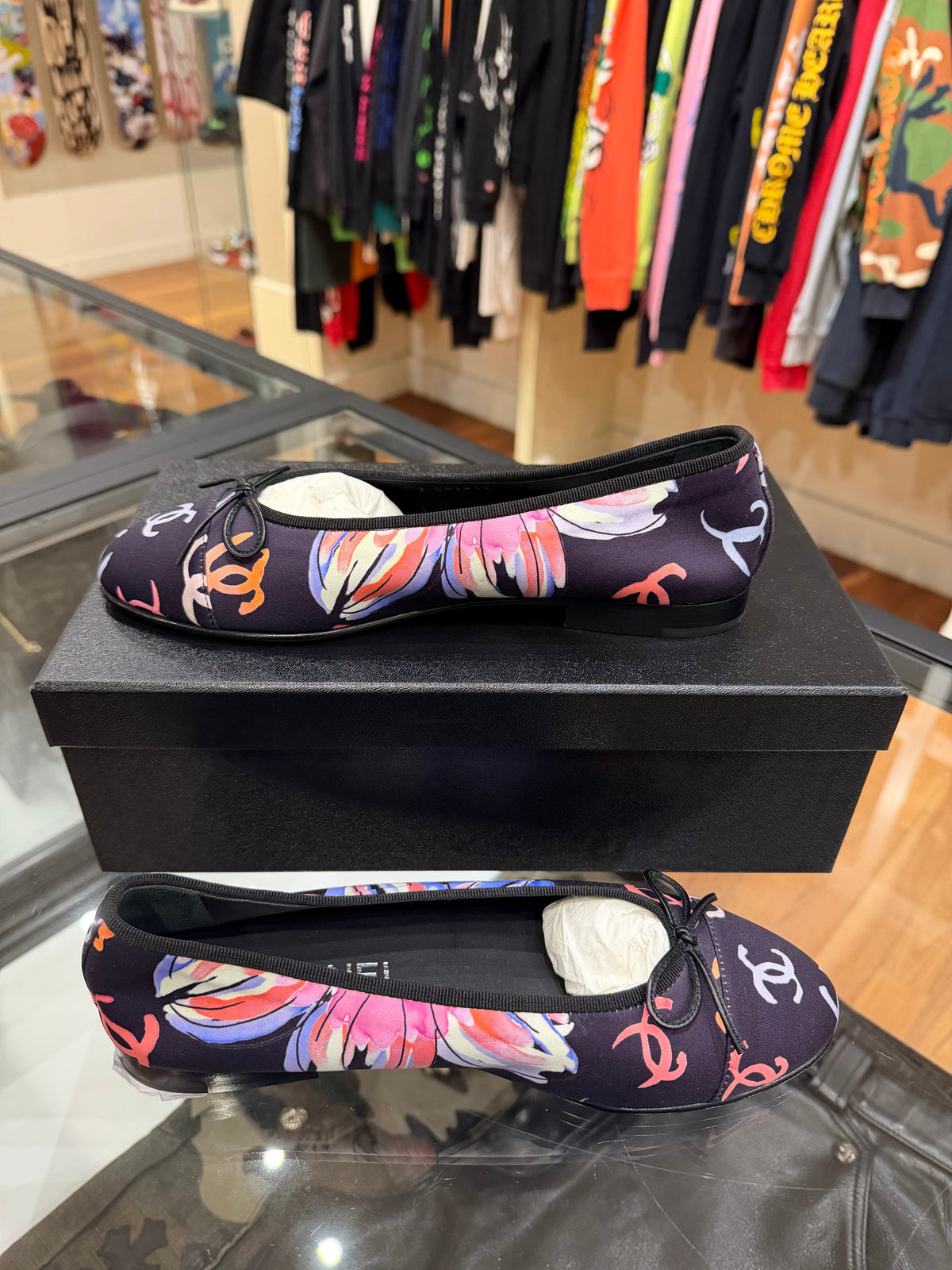 Chanel CC Logo Floral Ballet Flats