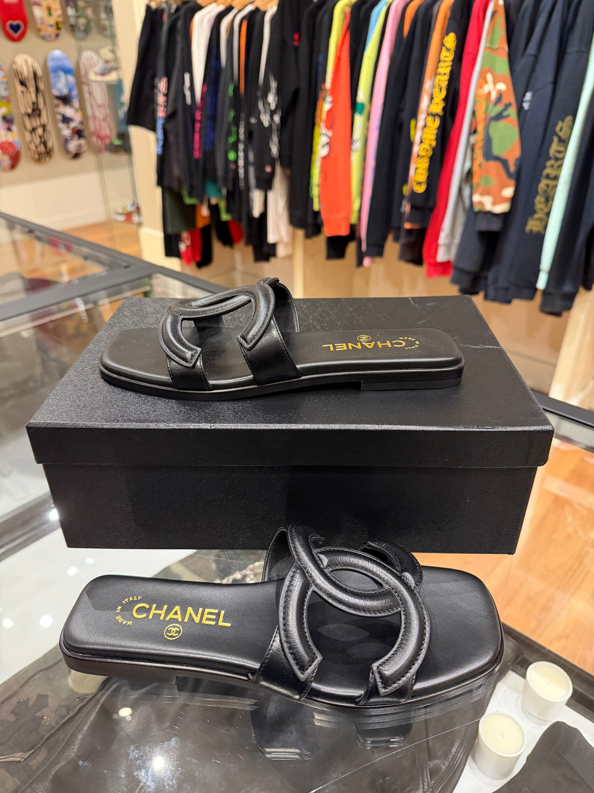 Chanel Interlocking CC Logo Lambskin Leather Sandals