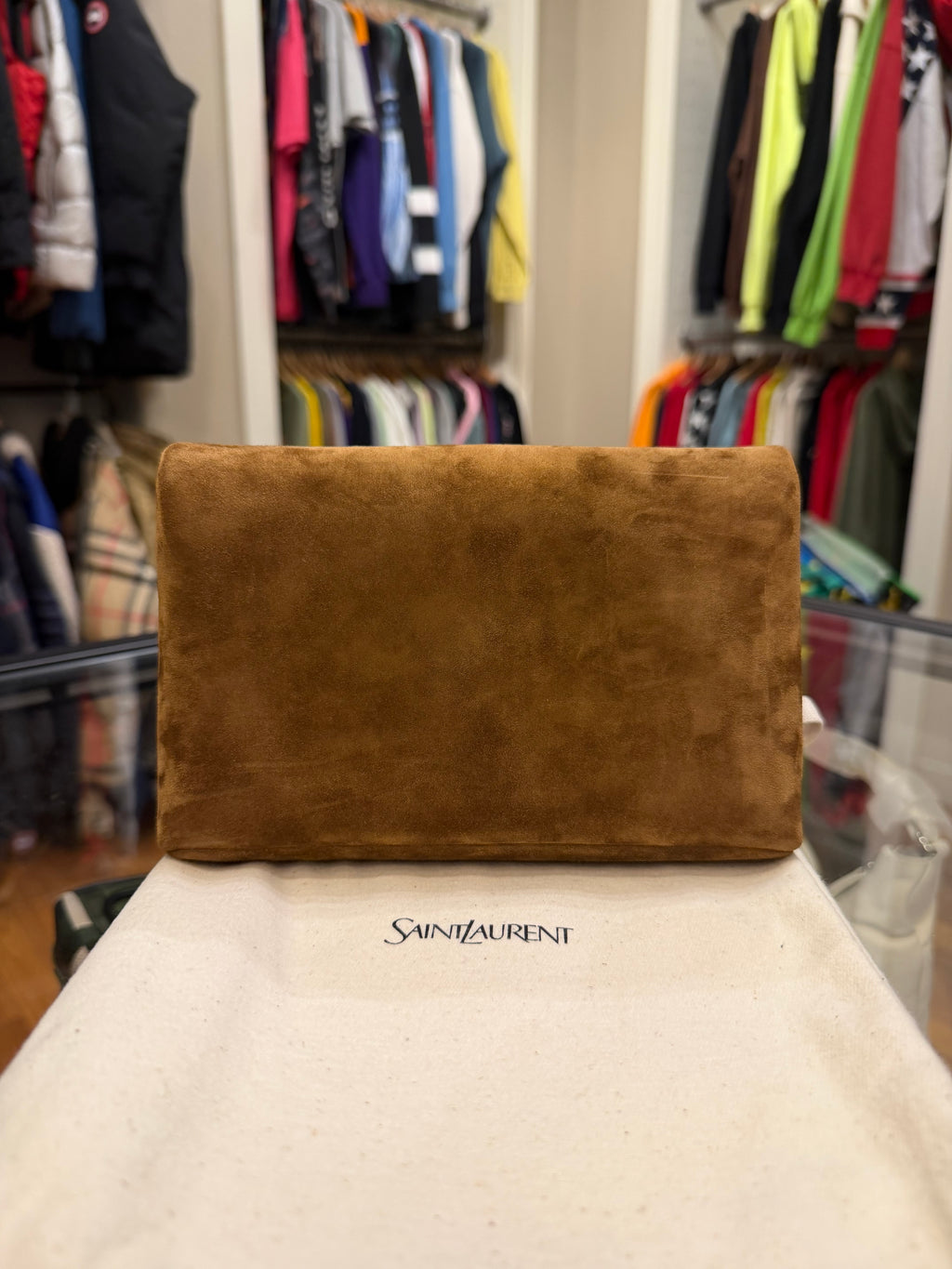 Saint Laurent Cassandre Small Chain Pouch In Suede - Caramel Cognac