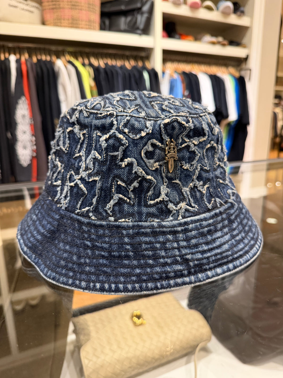 Chrome Hearts Denim All Over Cross Bucket Hat W/ Dagger - Blue