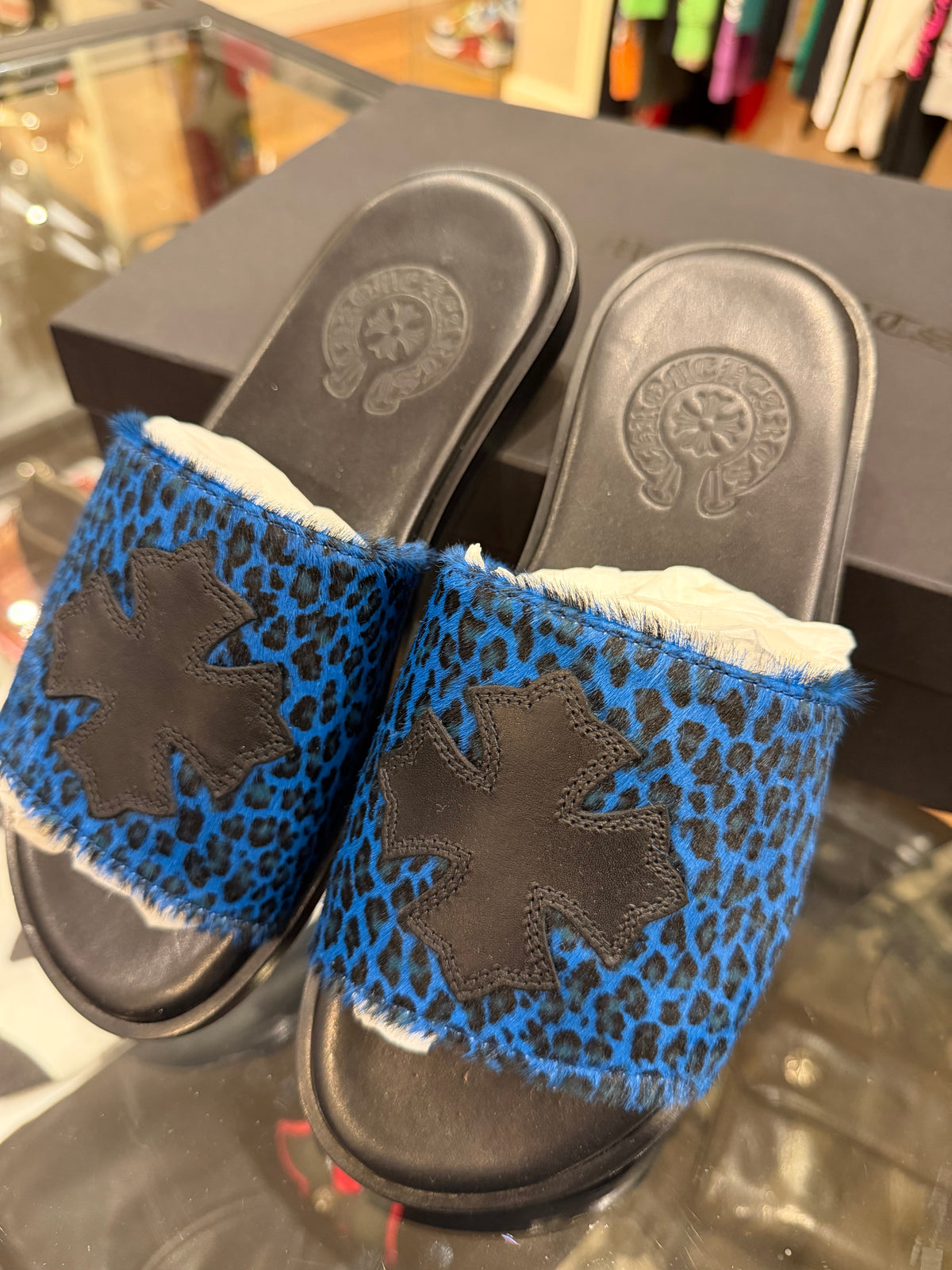 Chrome Hearts Blue Leopard Leather Patch Slides