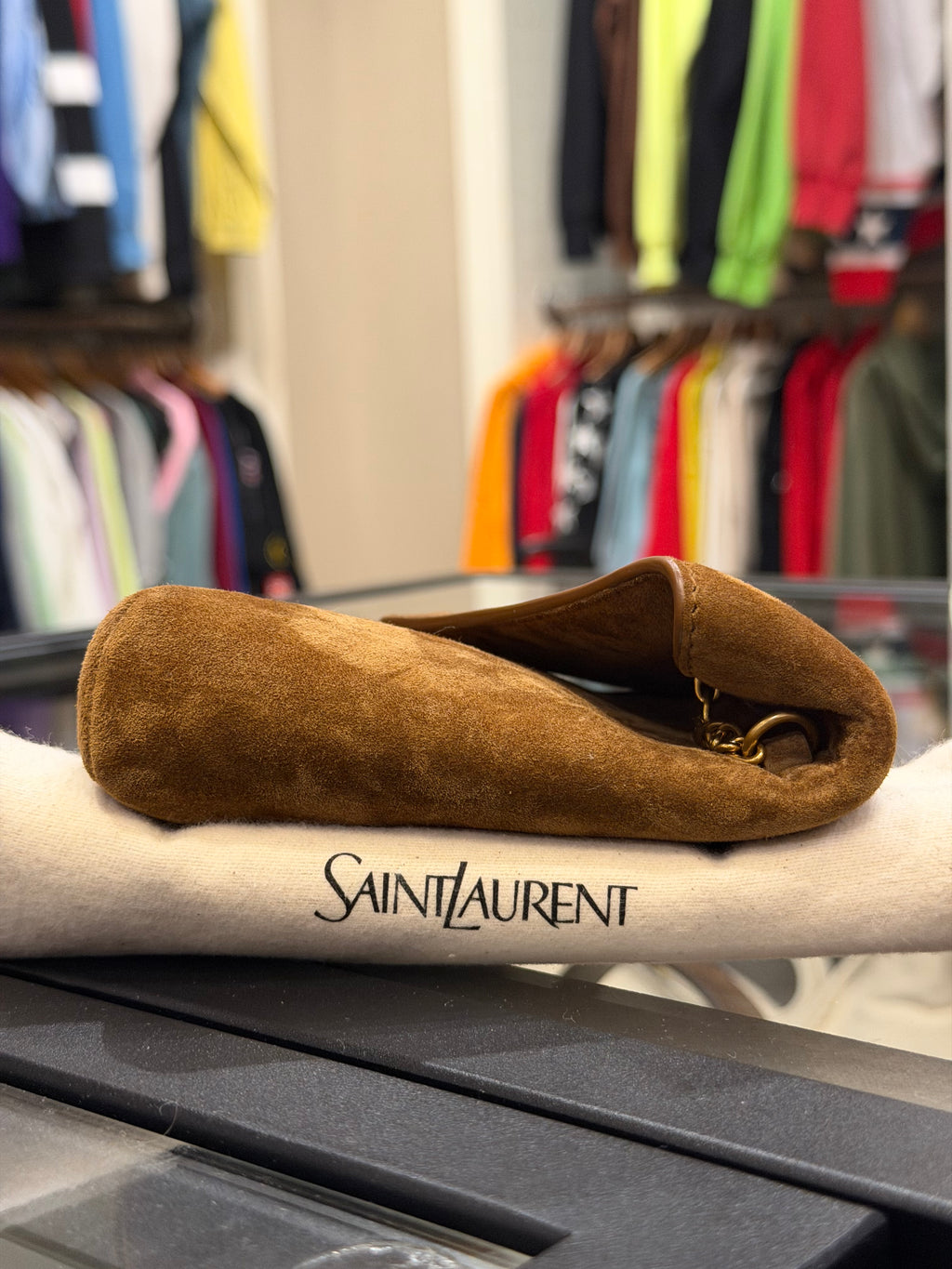 Saint Laurent Cassandre Small Chain Pouch In Suede - Caramel Cognac