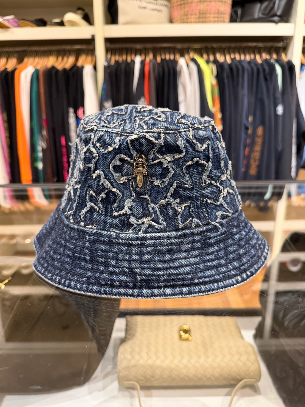 Chrome Hearts Denim All Over Cross Bucket Hat W/ Dagger - Blue