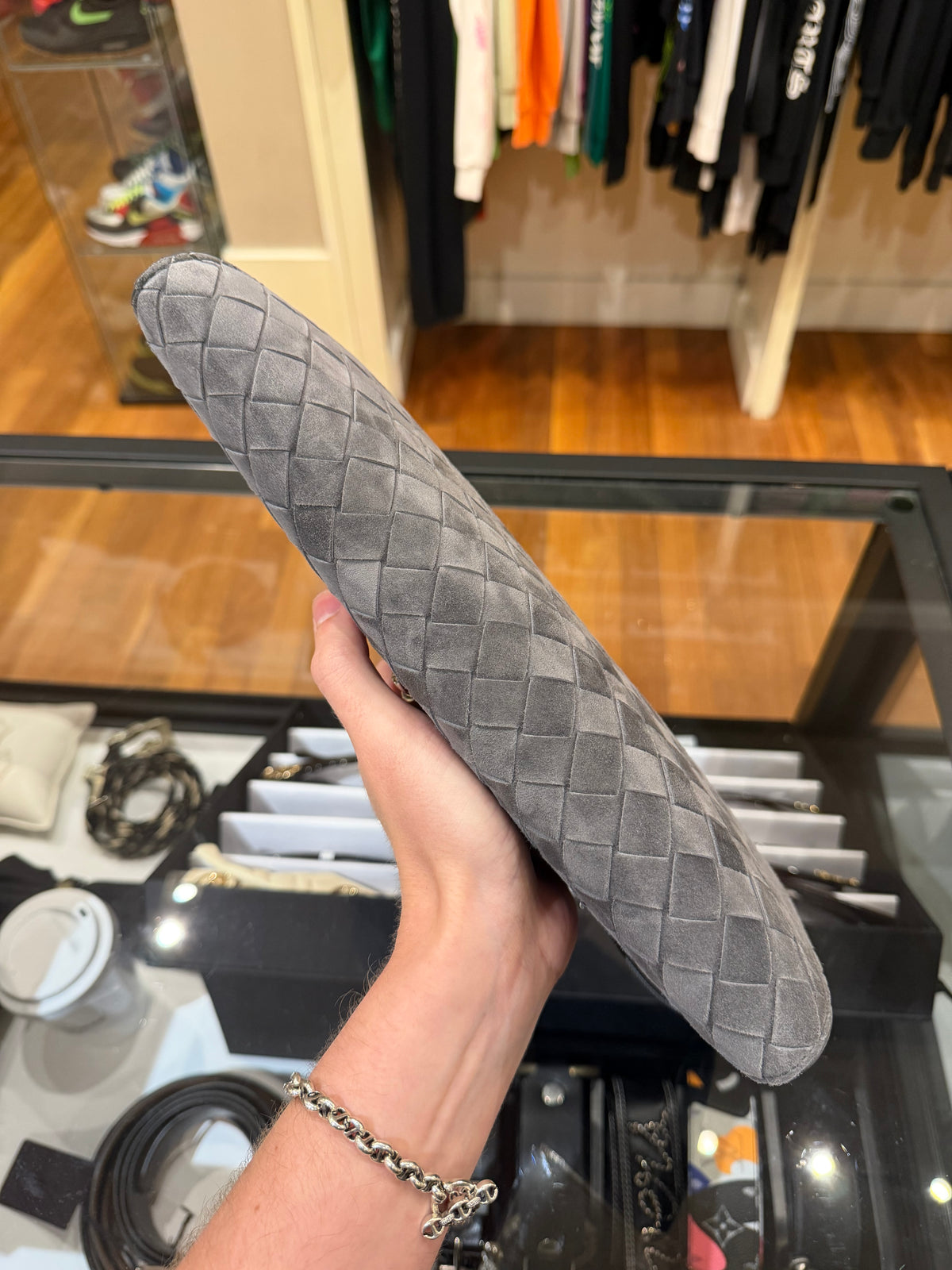 Bottega Veneta Andiamo Suede Leather Clutch Bag Obsi Grey