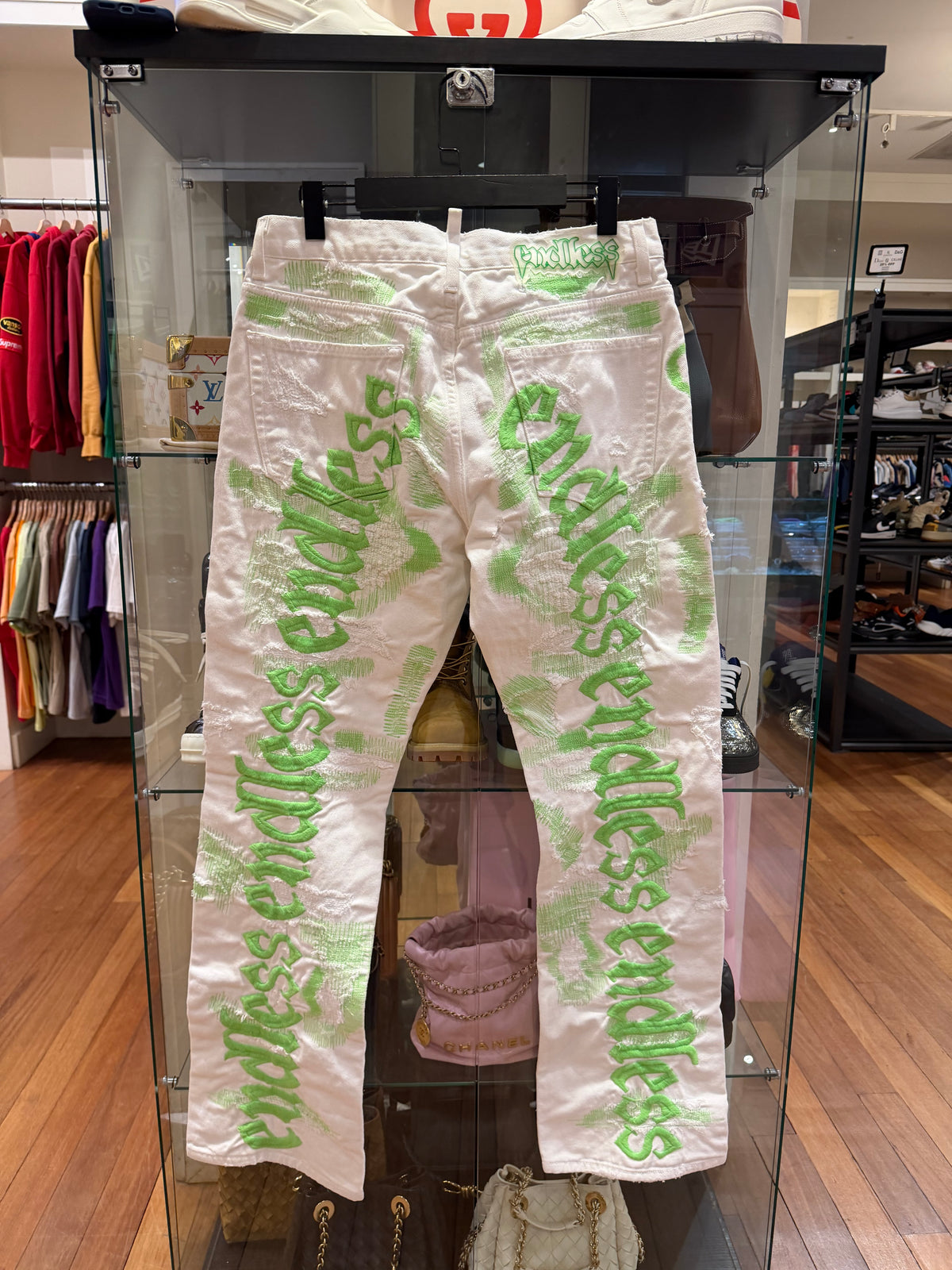Endless Distressed Patched Denim - White/Green