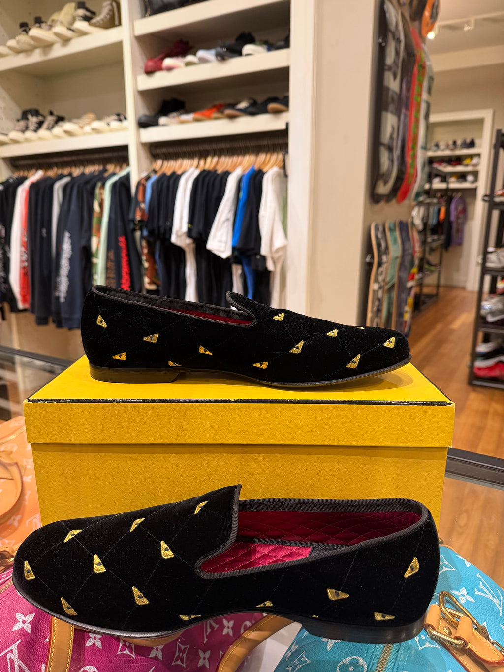 Fendi Velvet Eye Monster Motif Loafers