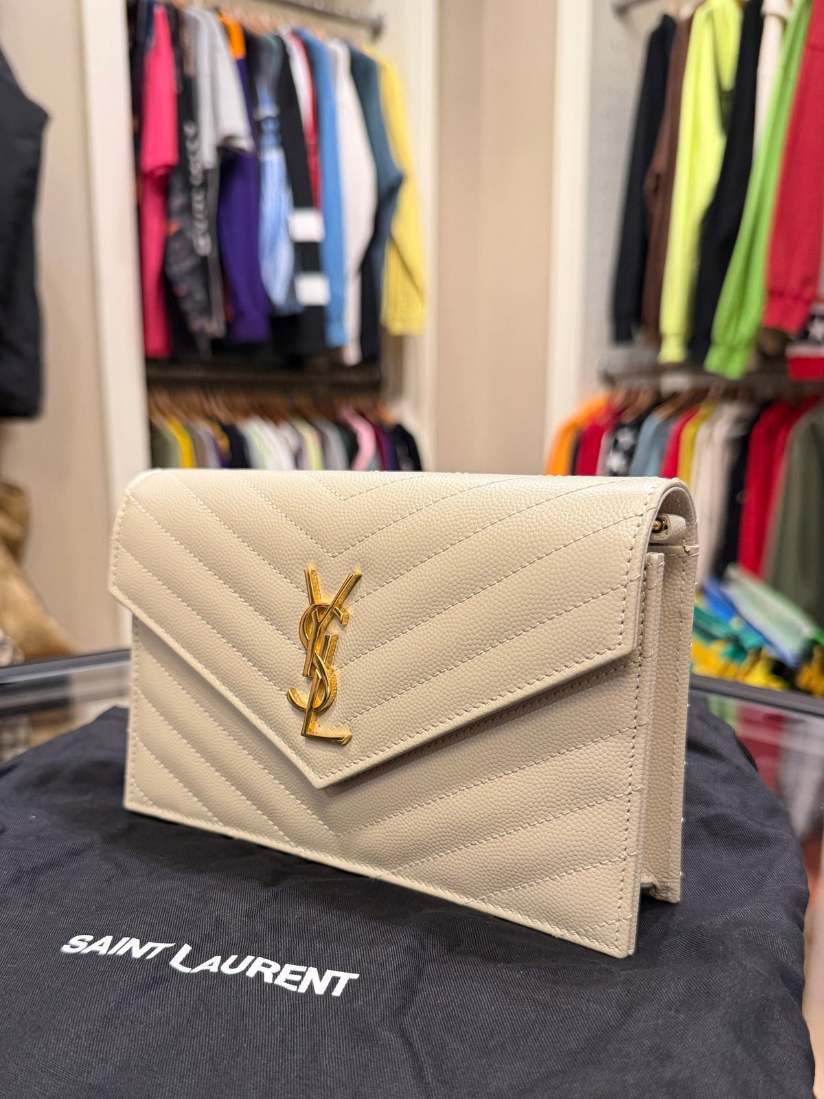 Saint Laurent Cassandre Envelope Chain Wallet - Beige