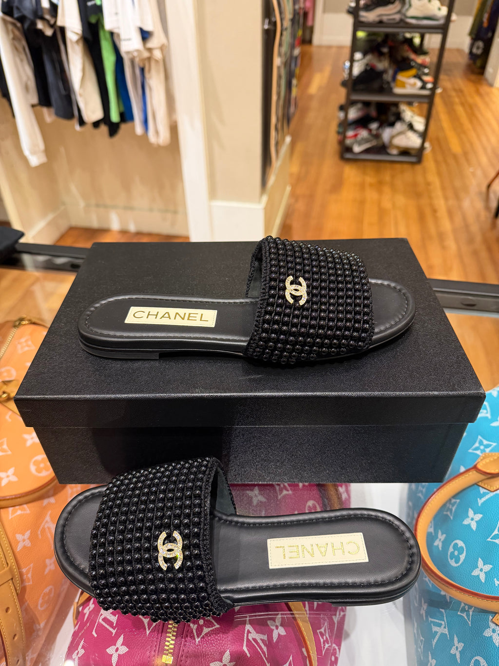 Chanel Pearl Crystal CC Mule Sandals