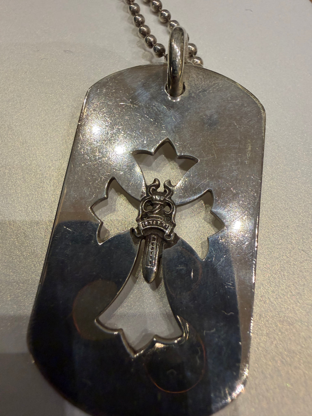 Chrome Hearts Cutout Cross & Dagger Dog Tag Necklace - Silver