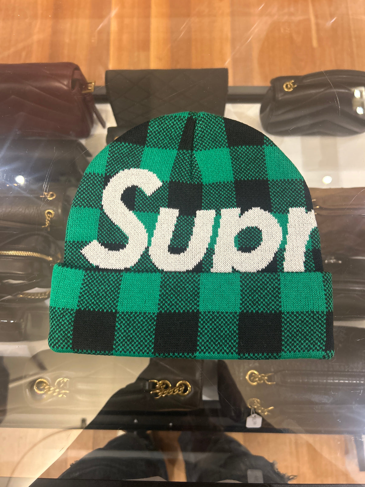 Supreme Big Logo Beanie - Green Plaid