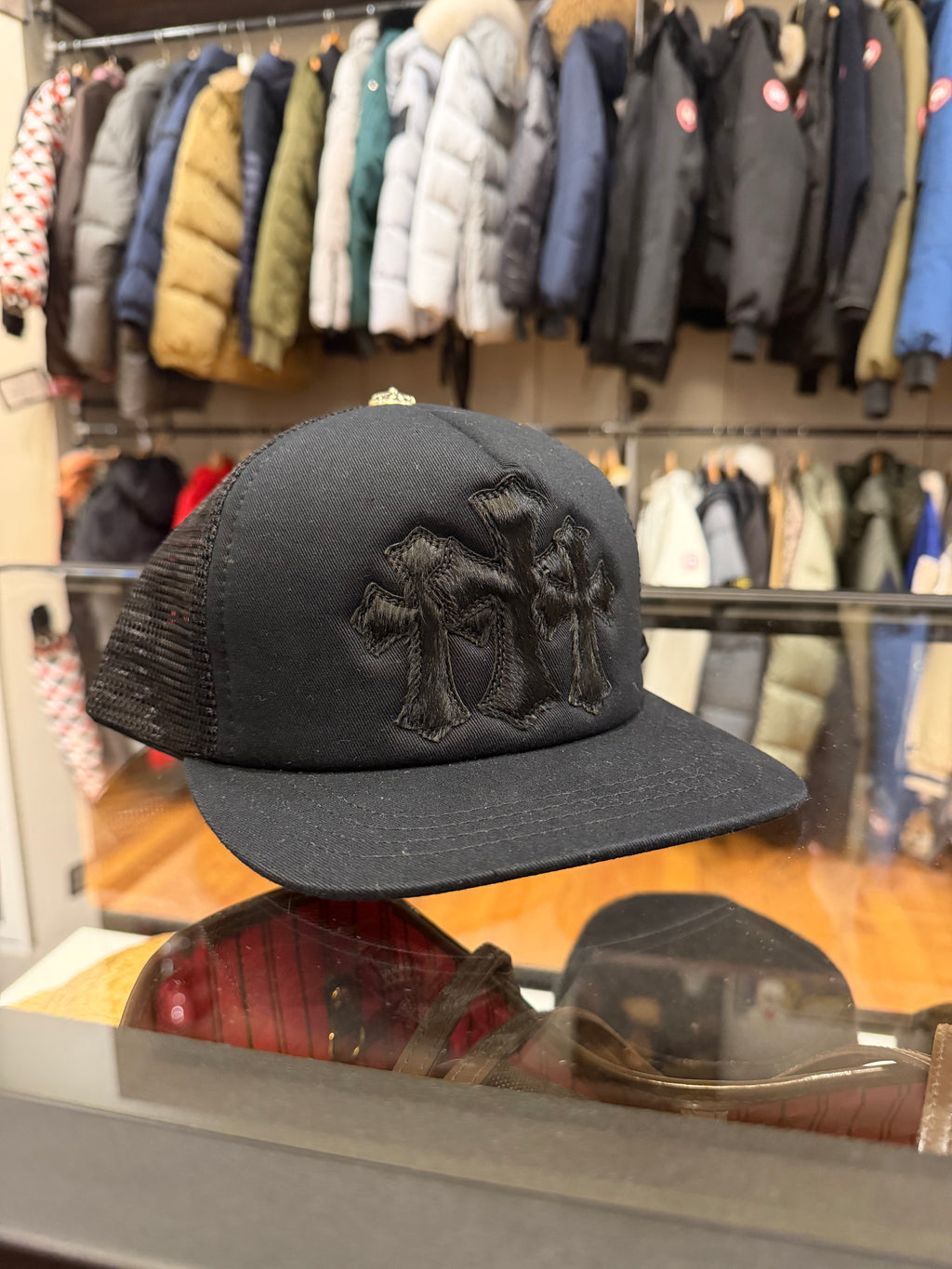 Chrome Hearts Triple Cross Pony Hair Trucker Hat- Black