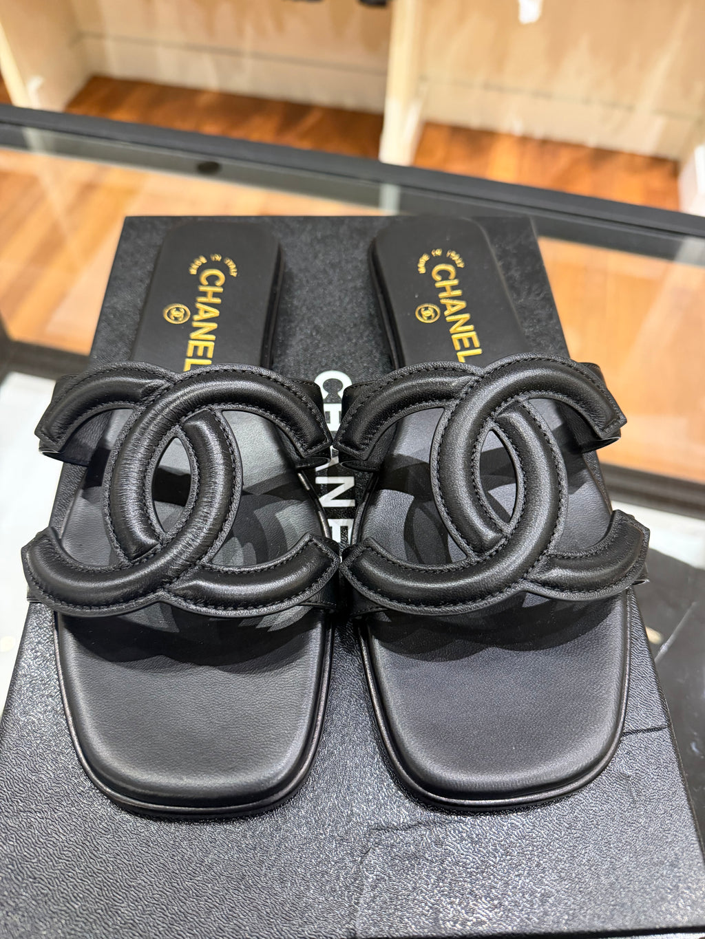 Chanel Interlocking CC Logo Lambskin Leather Sandals