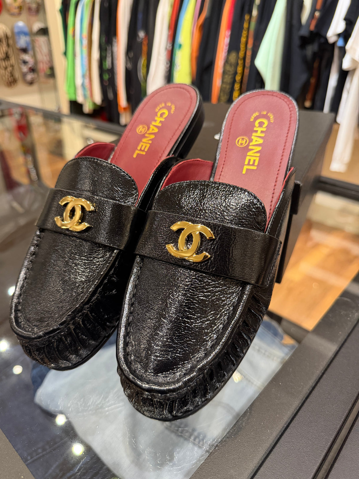 Chanel Shiny Crumpled CC Lambskin Mule - Black