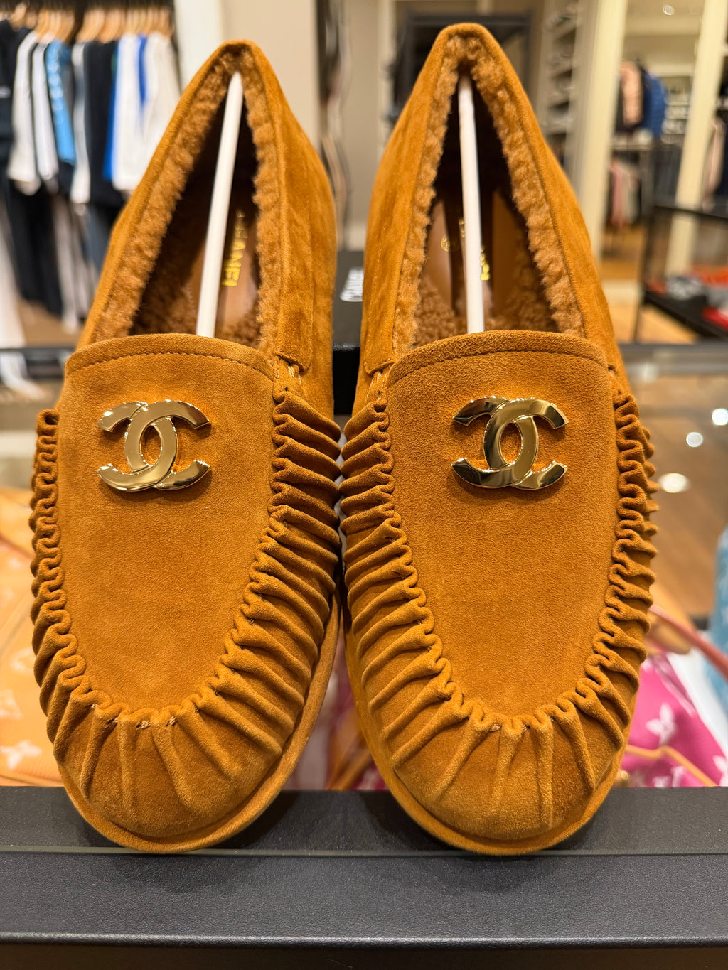 Chanel 26K Tan Suede Mocassins