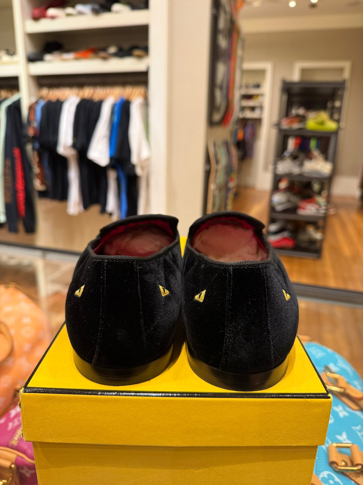 Fendi Velvet Eye Monster Motif Loafers