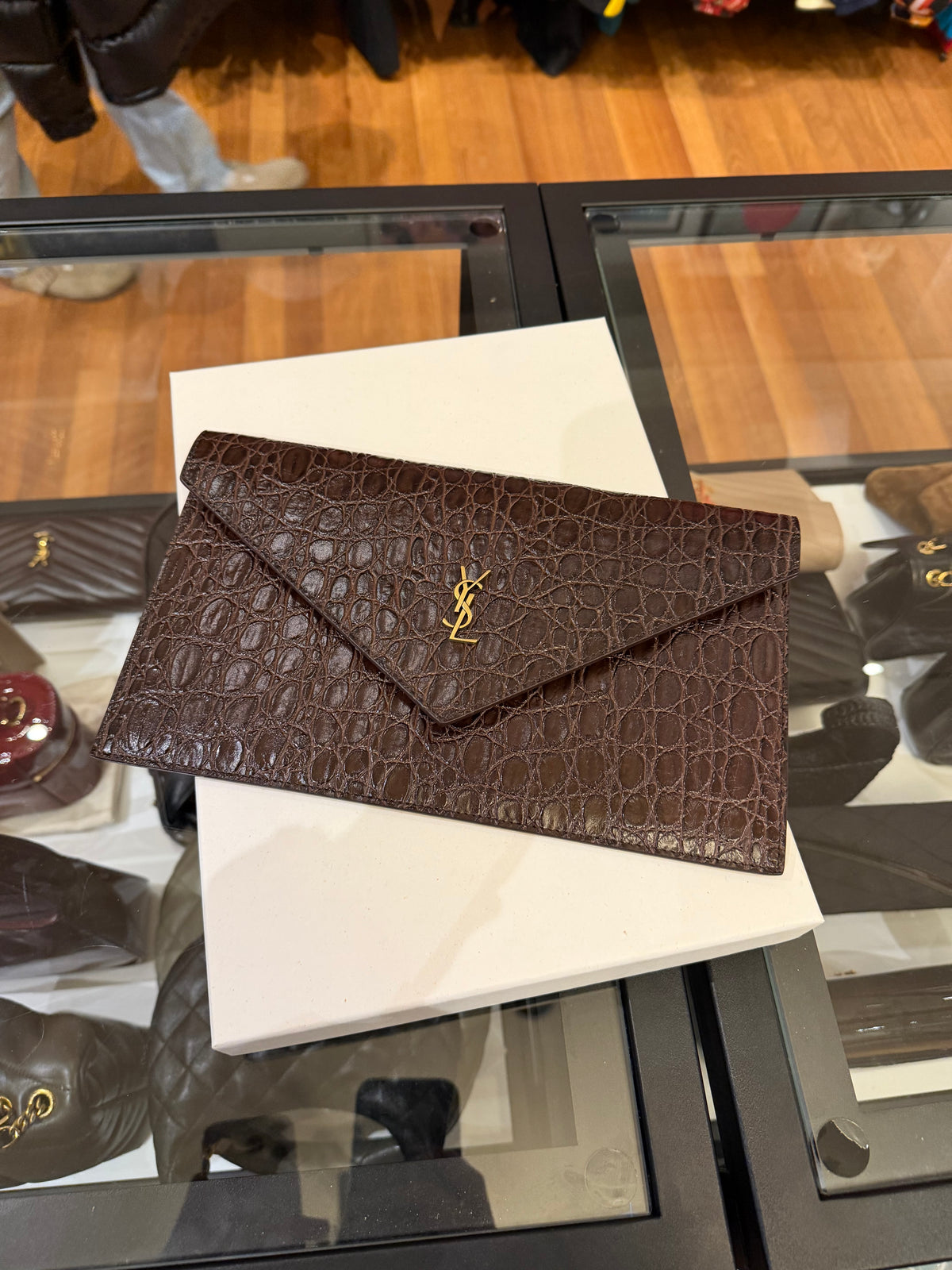 Saint Laurent Paris Embossed Crocodile Leather Pochette - Brown