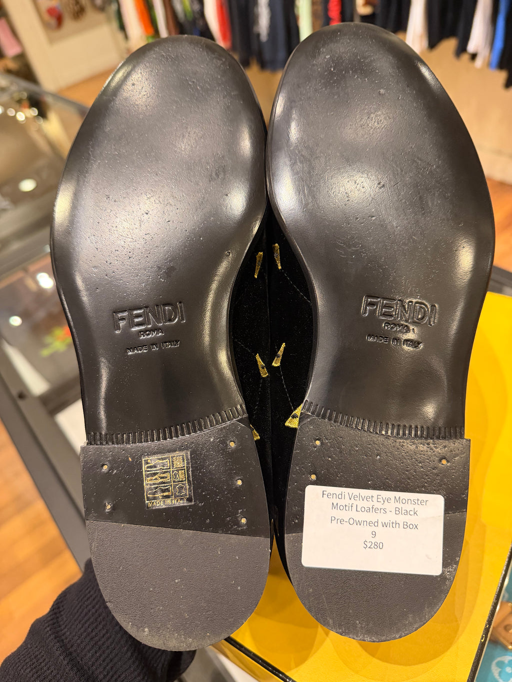 Fendi Velvet Eye Monster Motif Loafers